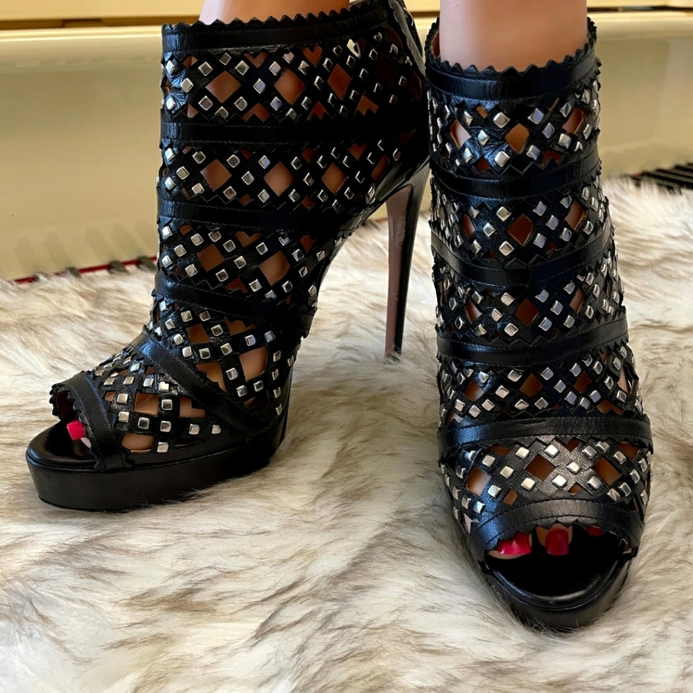 Alaia Womens Studded Open Toe Zip Up Stiletto Heel